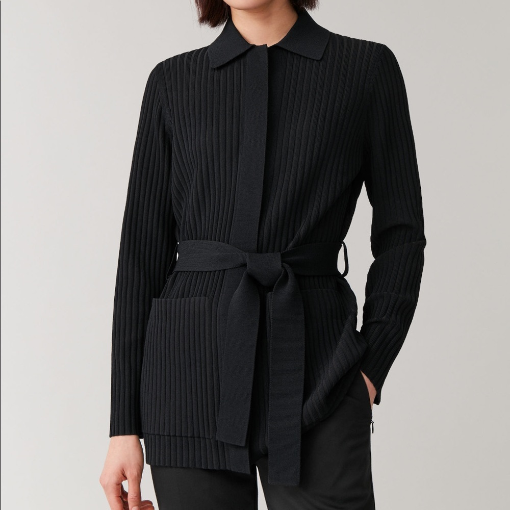 * SOLD * COS Black Ribbed Belted Button Down Sweater Cardigan with Pockets